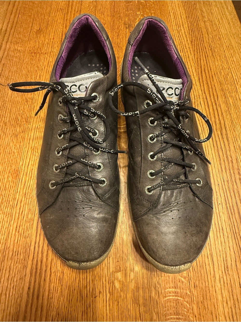 Ecco Men’s BIOM Golf Hybrid Black Leather Sneakers with Purple Lining